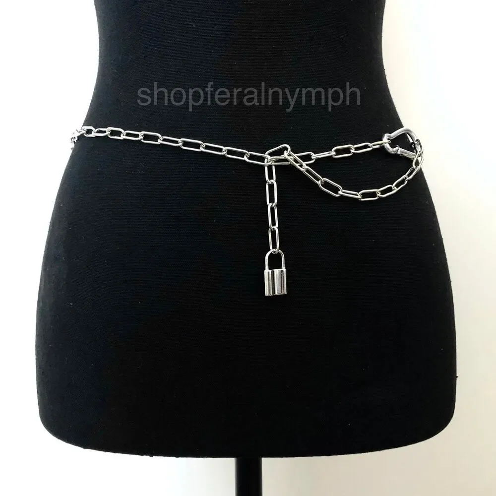 Vintage Y2K Cyberpunk Silver Padlock Chain Belt, Fits Up to 37 Inches, X7GA1226